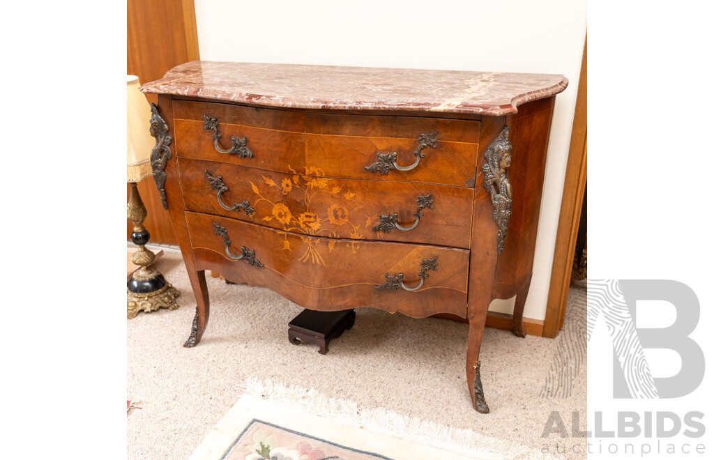 Louis XV Style Bombe Commode Chest of Two Drawers with Marble Top