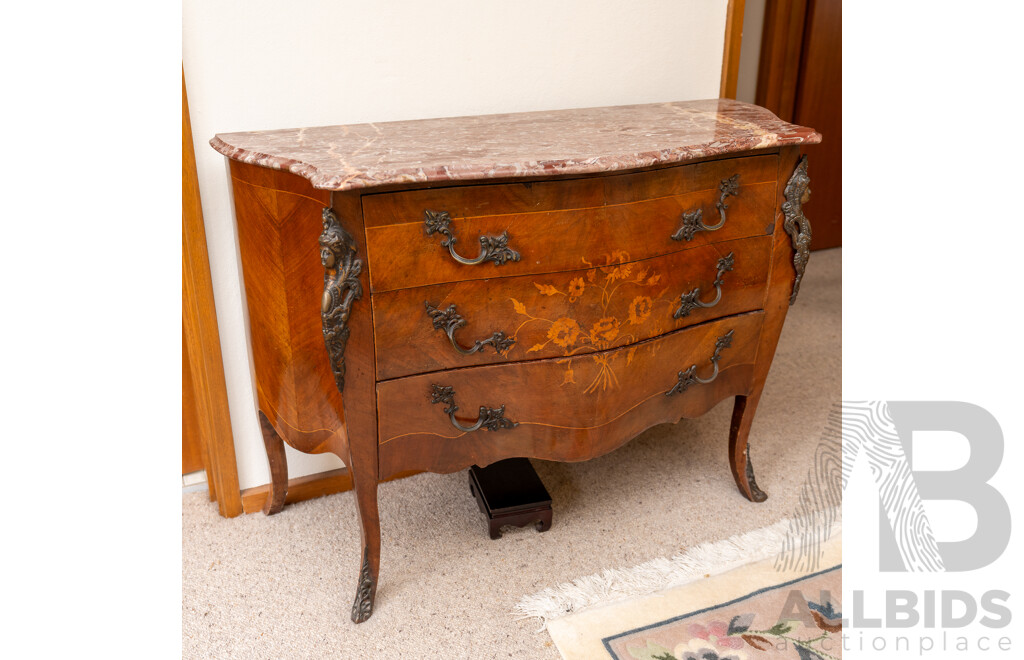 Louis XV Style Bombe Commode Chest of Two Drawers with Marble Top