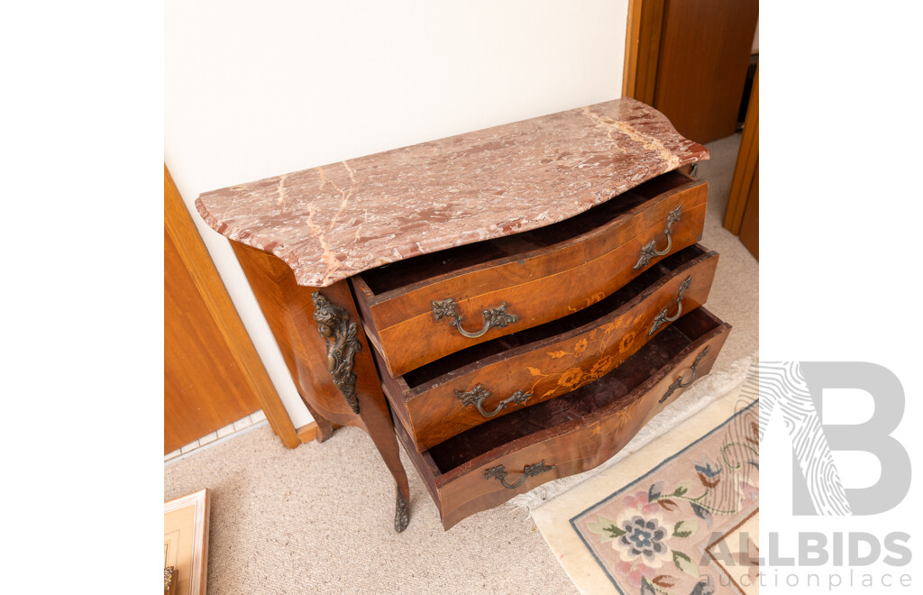 Louis XV Style Bombe Commode Chest of Two Drawers with Marble Top