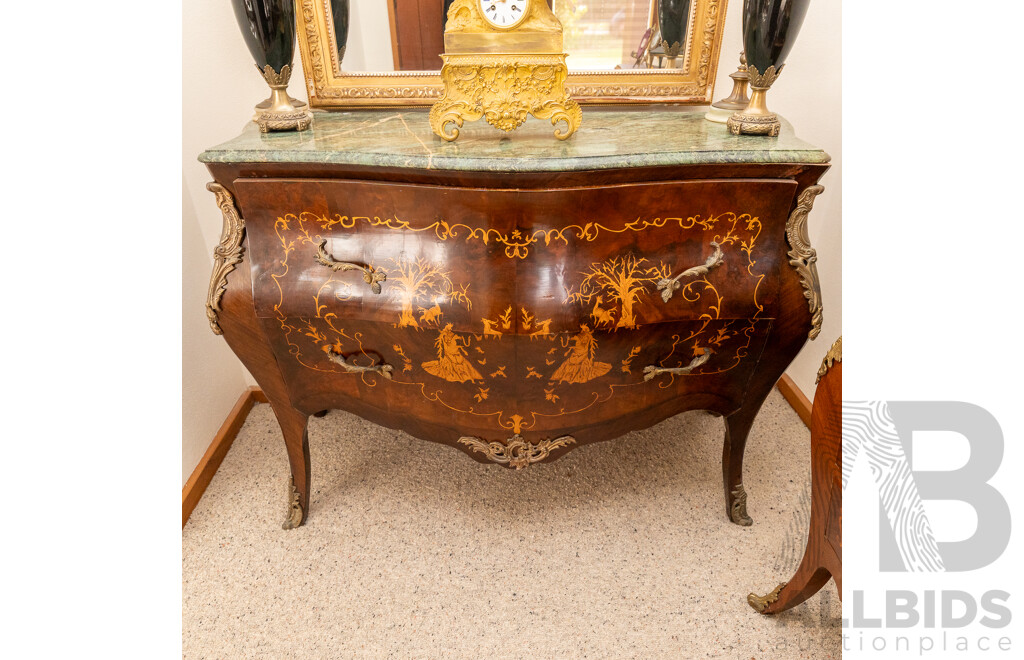 Louis XV Style Marble Top Two Drawer Bombe Commode Chest