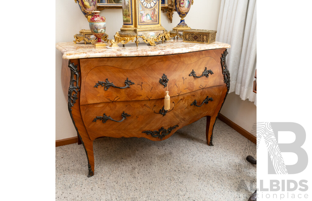Louis XV Style Marble Top Two Drawer Bombe Commode Chest