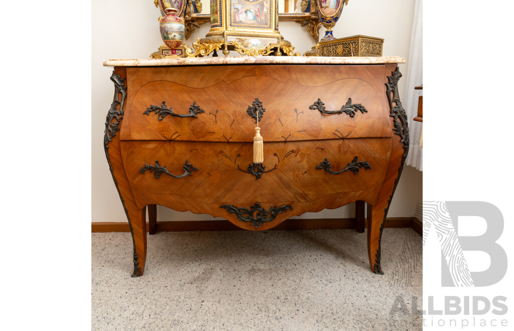 Louis XV Style Marble Top Two Drawer Bombe Commode Chest