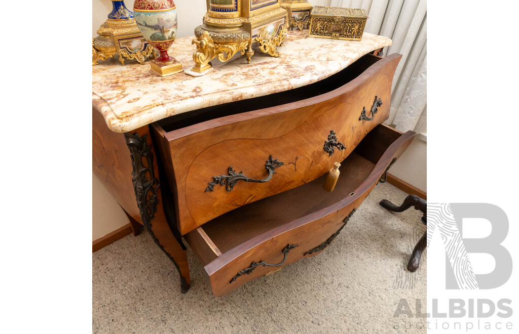 Louis XV Style Marble Top Two Drawer Bombe Commode Chest