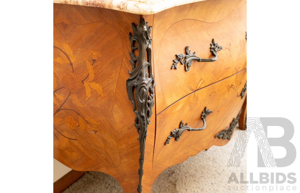 Louis XV Style Marble Top Two Drawer Bombe Commode Chest