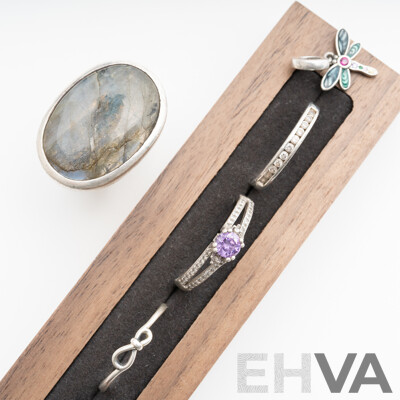 Sterling Silver Laborodite Ring, with Other Sterling Silver Rings and Dragonfly Charm with Gemstones, 29.17 Grams