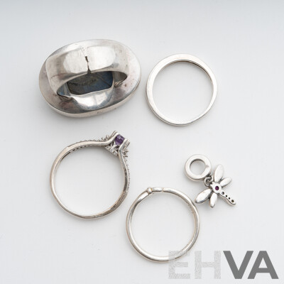 Sterling Silver Laborodite Ring, with Other Sterling Silver Rings and Dragonfly Charm with Gemstones, 29.17 Grams