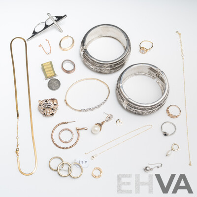 Collection of Gold/silver Tone Jewellery Items Including 1/20 9ct Hallmarked Bangle with Cz Gemstones