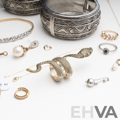 Collection of Gold/silver Tone Jewellery Items Including 1/20 9ct Hallmarked Bangle with Cz Gemstones