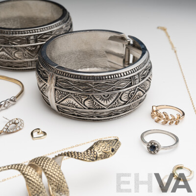Collection of Gold/silver Tone Jewellery Items Including 1/20 9ct Hallmarked Bangle with Cz Gemstones