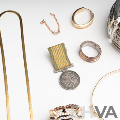 Collection of Gold/silver Tone Jewellery Items Including 1/20 9ct Hallmarked Bangle with Cz Gemstones