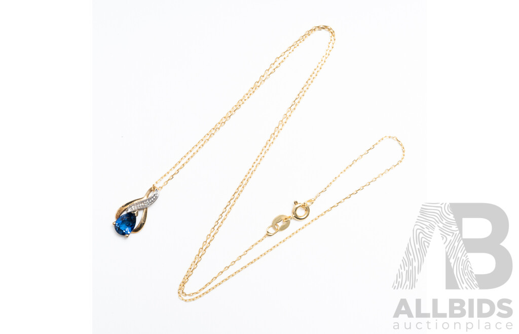 9ct Created Sapphire & Diamond Pendant, TDW0.005ct, 0.67 Grams on 45cm Sterling Silver Necklace