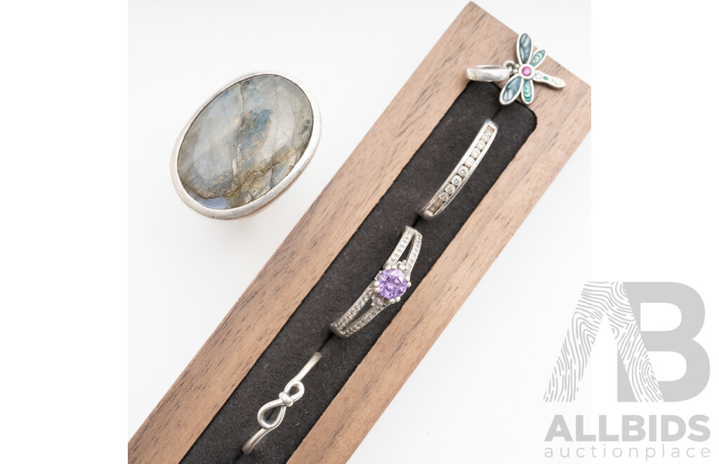 Sterling Silver Laborodite Ring, with Other Sterling Silver Rings and Dragonfly Charm with Gemstones, 29.17 Grams