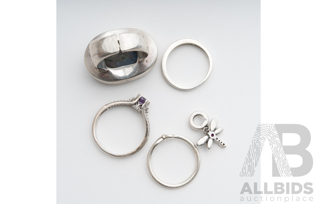 Sterling Silver Laborodite Ring, with Other Sterling Silver Rings and Dragonfly Charm with Gemstones, 29.17 Grams