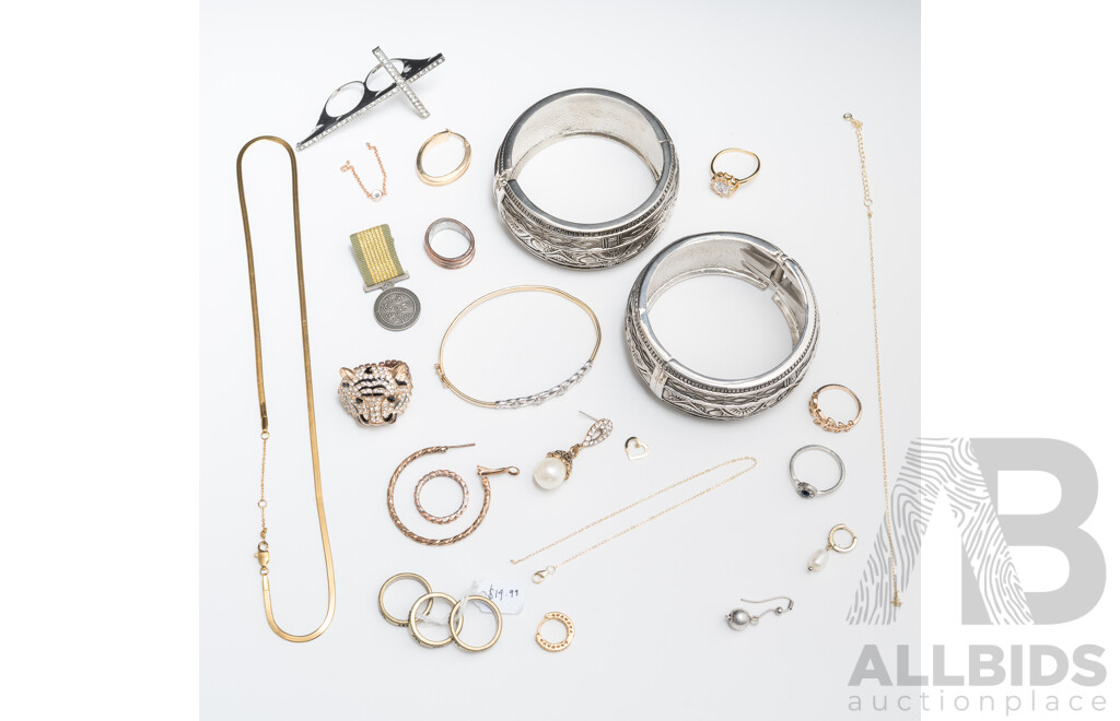 Collection of Gold/silver Tone Jewellery Items Including 1/20 9ct Hallmarked Bangle with Cz Gemstones