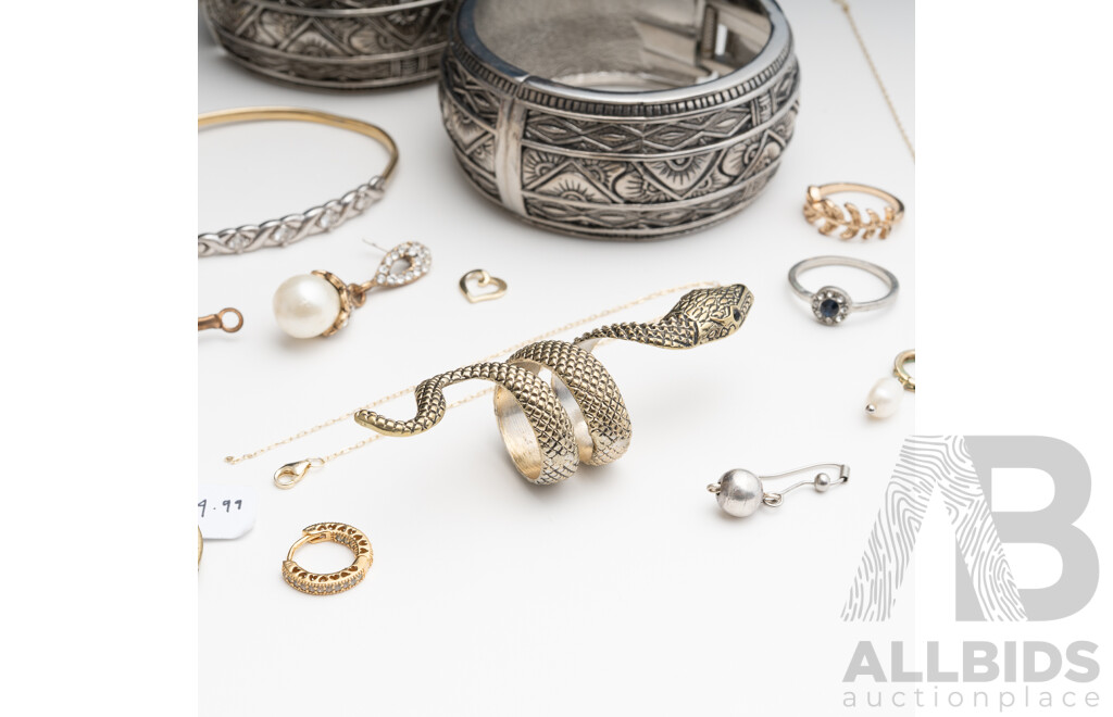 Collection of Gold/silver Tone Jewellery Items Including 1/20 9ct Hallmarked Bangle with Cz Gemstones