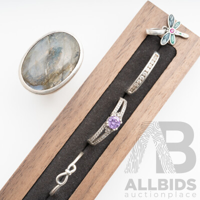 Sterling Silver Laborodite Ring, with Other Sterling Silver Rings and Dragonfly Charm with Gemstones, 29.17 Grams