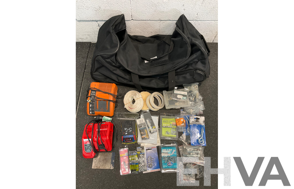 MILWAUKEE 5.0Ah 18v Battery, MILWAUKEE Charger, AEG Charger and Assorted Bolts, Nuts, Washers and More