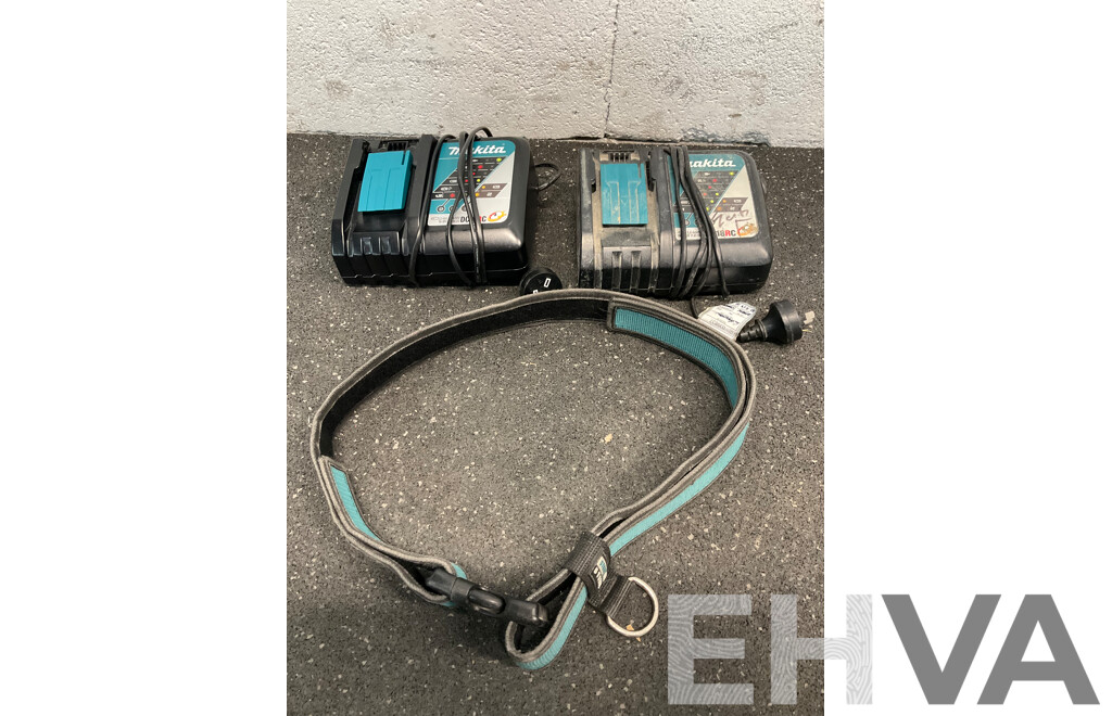 MAKITA DC18RC Battery Charger (x2) and MAKITA Quick Release Belt - Lot of 3