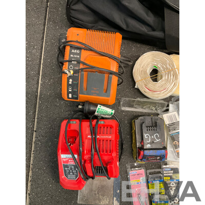MILWAUKEE 5.0Ah 18v Battery, MILWAUKEE Charger, AEG Charger and Assorted Bolts, Nuts, Washers and More