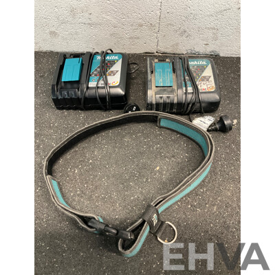 MAKITA DC18RC Battery Charger (x2) and MAKITA Quick Release Belt - Lot of 3