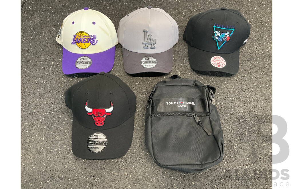 Assorted Hats and Bags Including New Era, Mitchell and Ness - Lot of 5