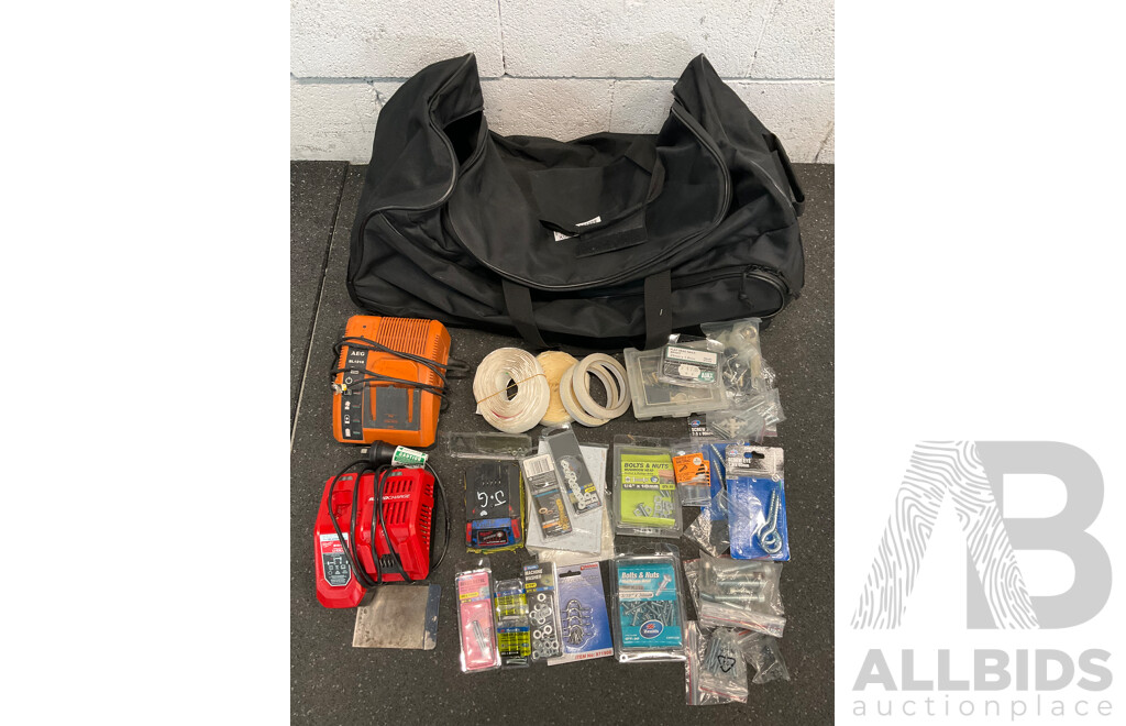 MILWAUKEE 5.0Ah 18v Battery, MILWAUKEE Charger, AEG Charger and Assorted Bolts, Nuts, Washers and More