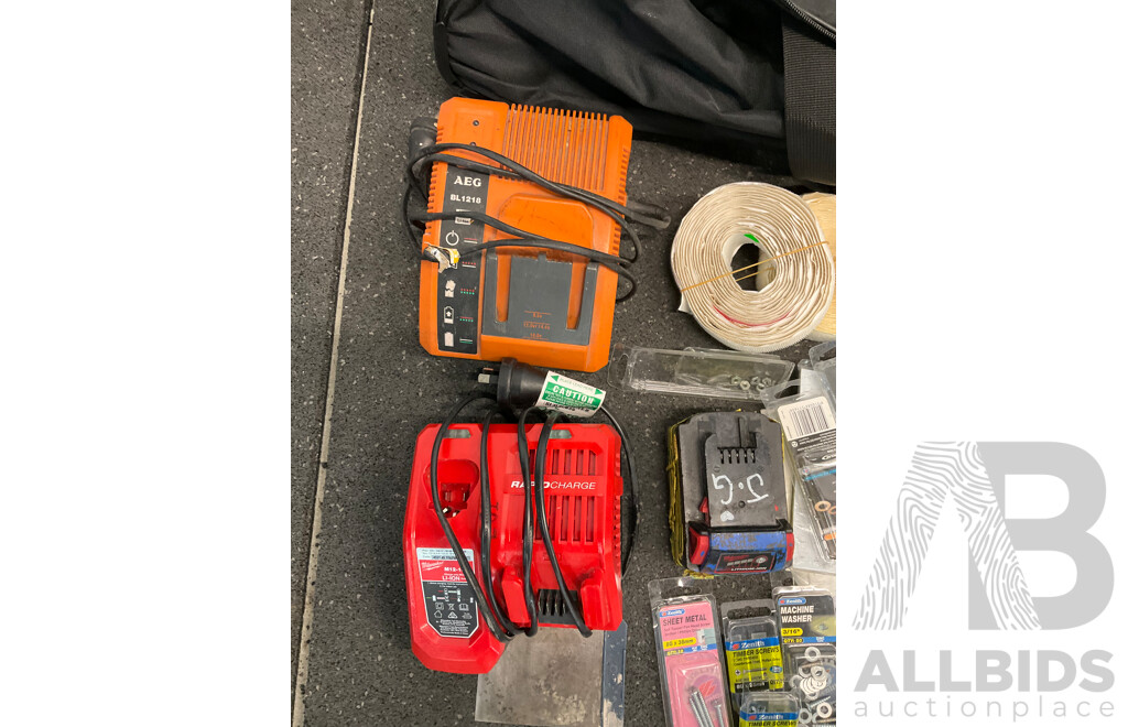 MILWAUKEE 5.0Ah 18v Battery, MILWAUKEE Charger, AEG Charger and Assorted Bolts, Nuts, Washers and More