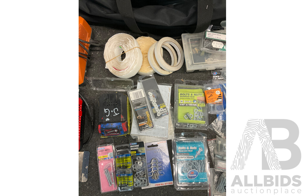 MILWAUKEE 5.0Ah 18v Battery, MILWAUKEE Charger, AEG Charger and Assorted Bolts, Nuts, Washers and More