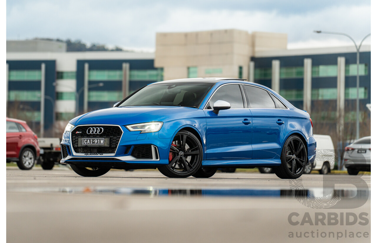 10/2017 Audi RS3 Quattro (AWD) MY18 8V 4d Sedan Ara Blue Crystal Pearl Turbo 2.5L - Modified Stage 2 Plus