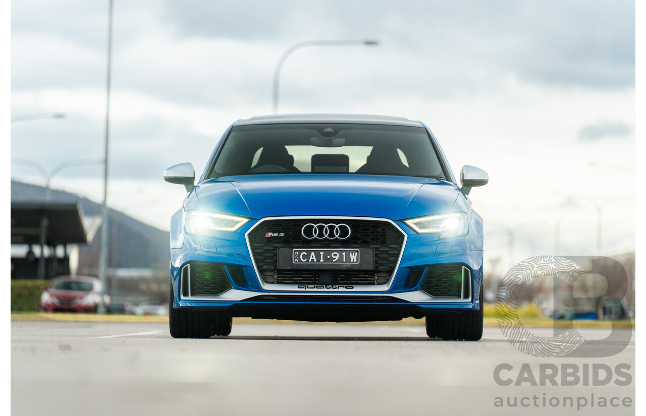 10/2017 Audi RS3 Quattro (AWD) MY18 8V 4d Sedan Ara Blue Crystal Pearl Turbo 2.5L - Modified Stage 2 Plus