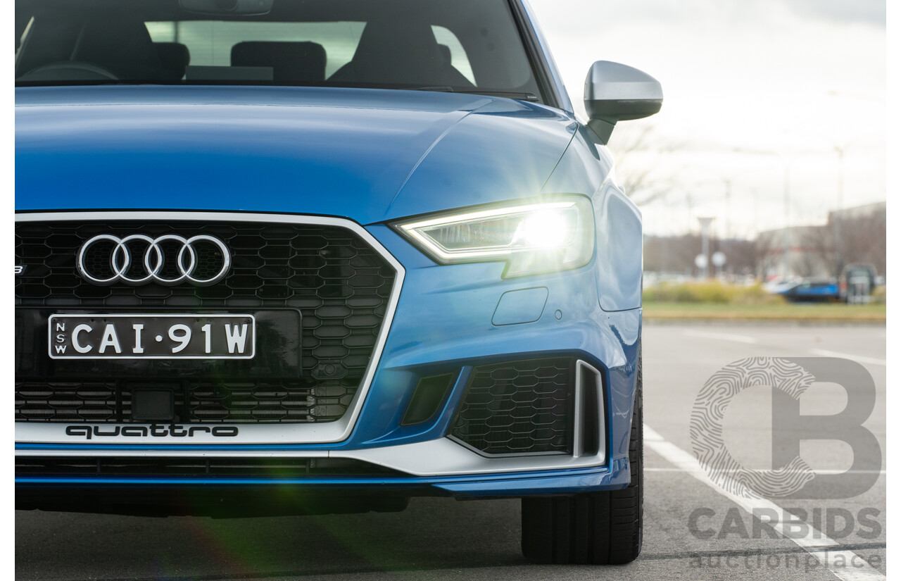 10/2017 Audi RS3 Quattro (AWD) MY18 8V 4d Sedan Ara Blue Crystal Pearl Turbo 2.5L - Modified Stage 2 Plus