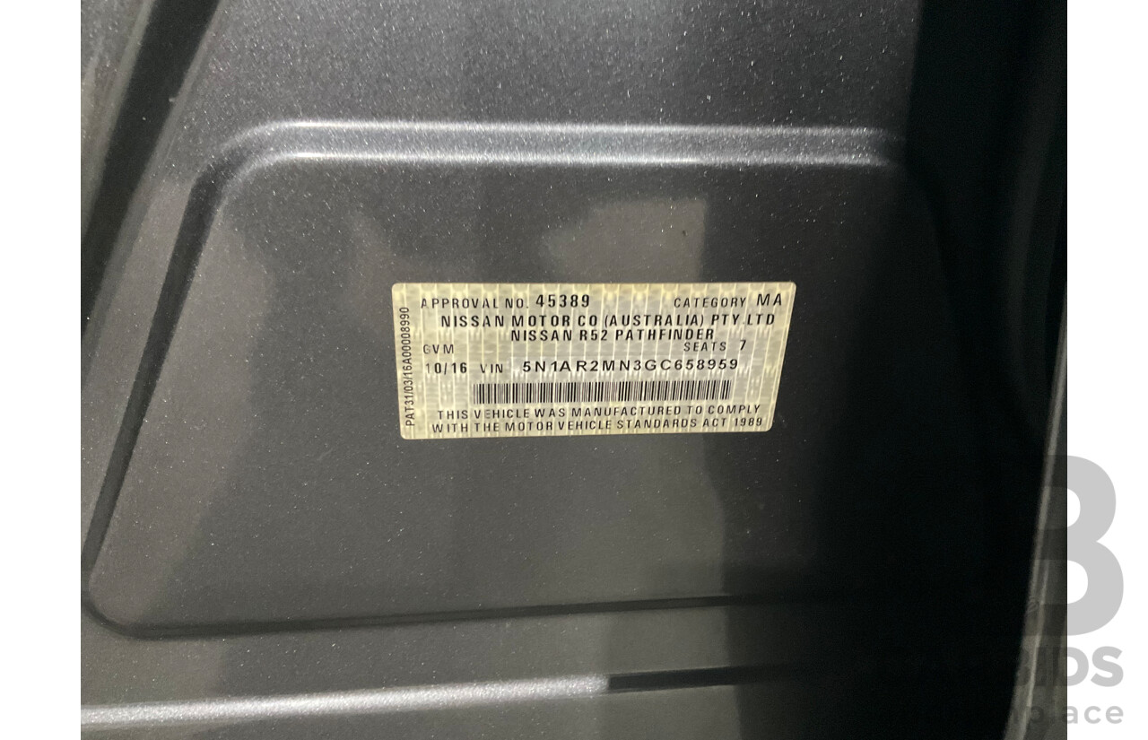 10/2016 Nissan Pathfinder ST (4x2) FWD R52 MY15 Upgrade 4d Wagon Gun Metallic Grey V6 3.5L - 7 Seater