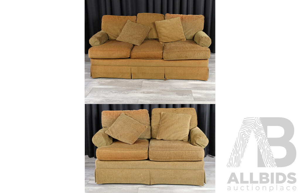 Pair of Brown Fabric Two and Three Seater Lounges by Drexel Heritage