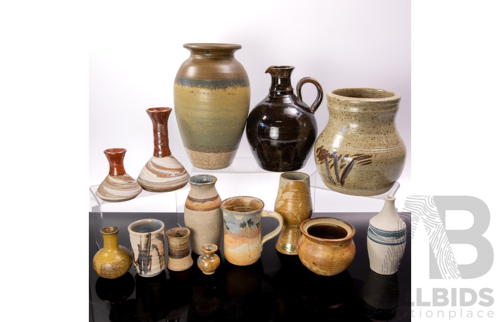 Collection Vintage Australian Studio Pottery Including Goblet by Old Coolangatta Pottery, Mug by Taggerty Pottery, Two Vases Signed Gough to Base and More