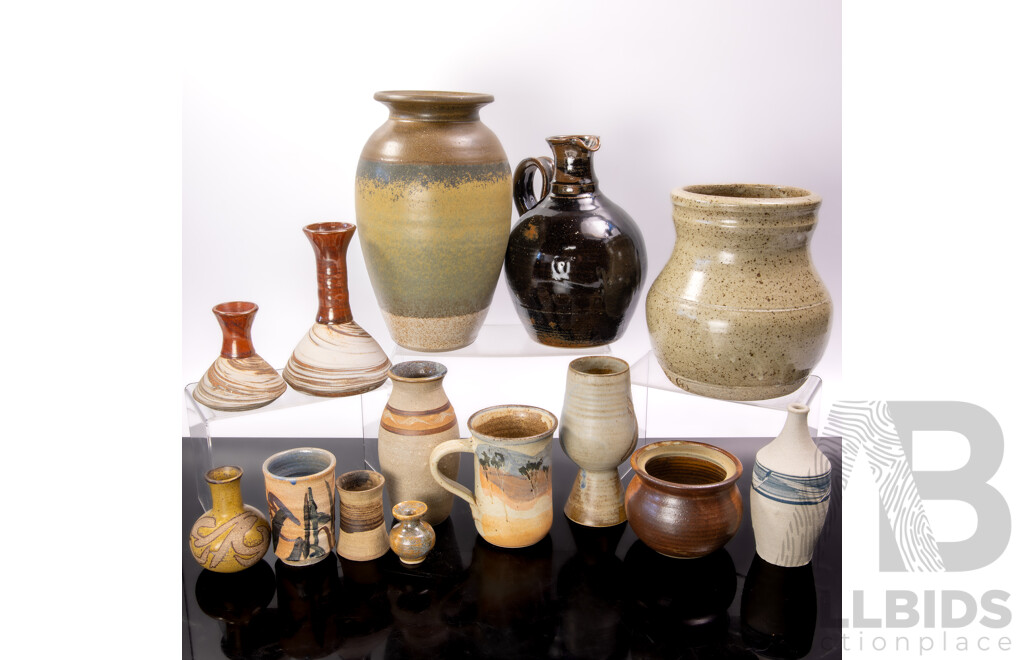 Collection Vintage Australian Studio Pottery Including Goblet by Old Coolangatta Pottery, Mug by Taggerty Pottery, Two Vases Signed Gough to Base and More