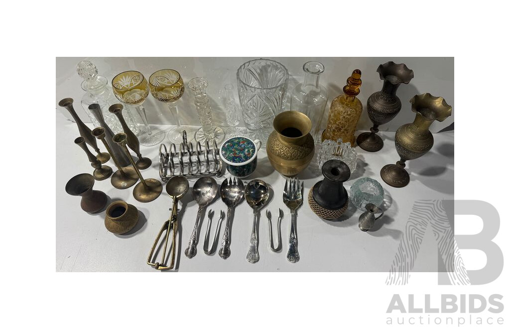 Collection Decorative Objects Including Two Different Mid Century Votives, Decanters, Brass Items and More