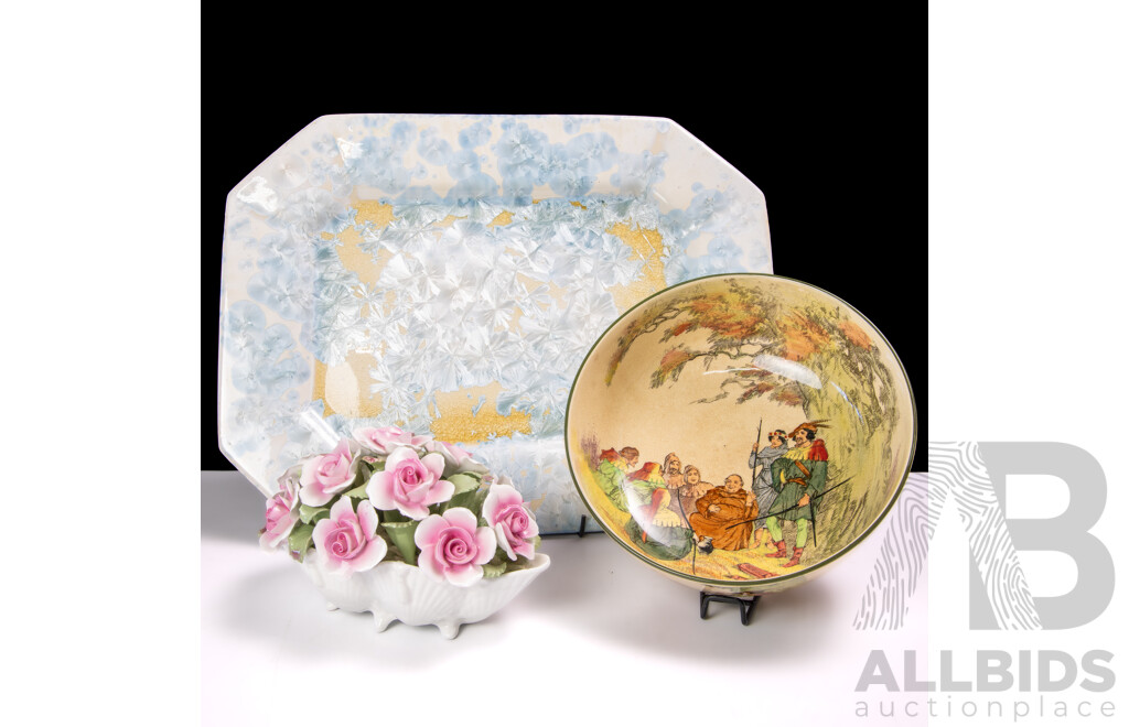 Antique Royal Doulton Under the Greenwood Tree Porcelain Bowl, Aynsley Porcelain Flower Posy & Ceramic Platter with Crystalline Glaze