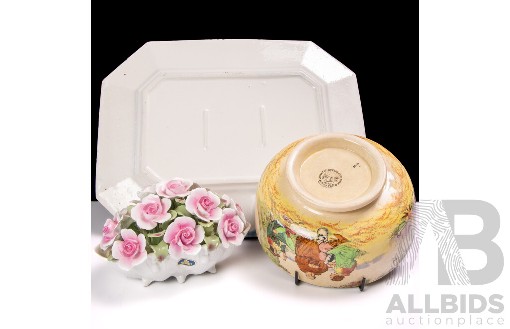 Antique Royal Doulton Under the Greenwood Tree Porcelain Bowl, Aynsley Porcelain Flower Posy & Ceramic Platter with Crystalline Glaze