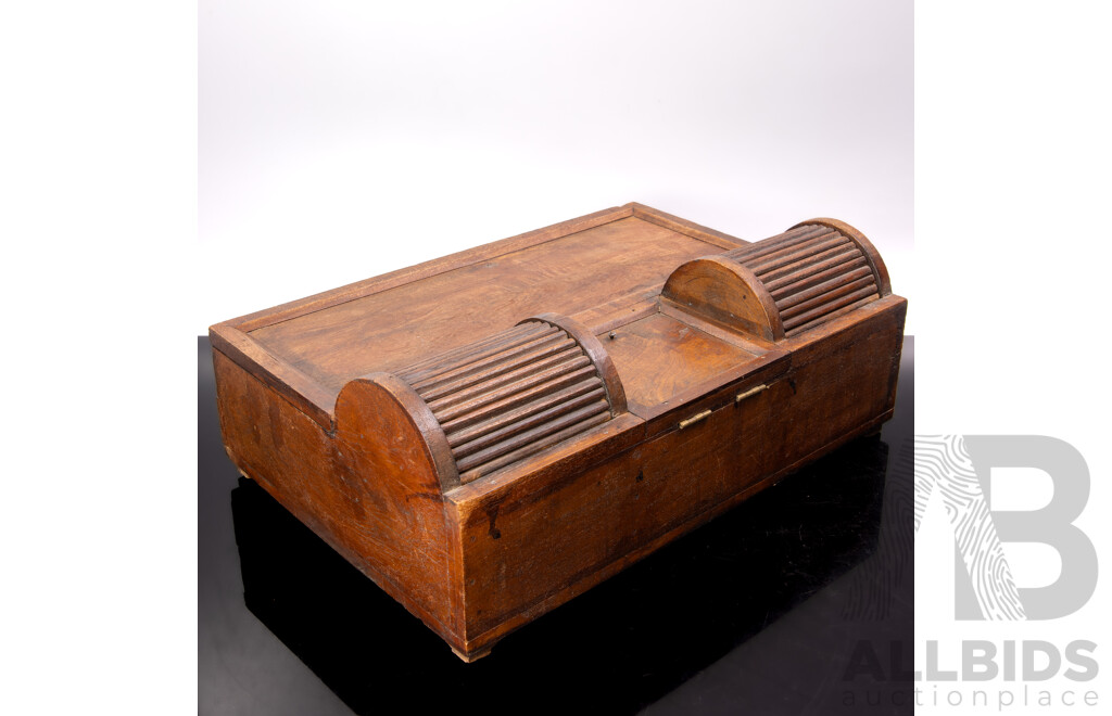 Vintage Subcontinental Wooden Desk Writing Standish with Dual Roll Top Action