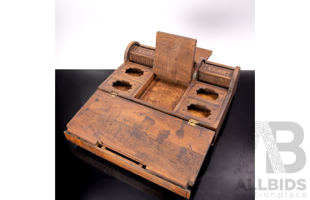 Vintage Subcontinental Wooden Desk Writing Standish with Dual Roll Top Action