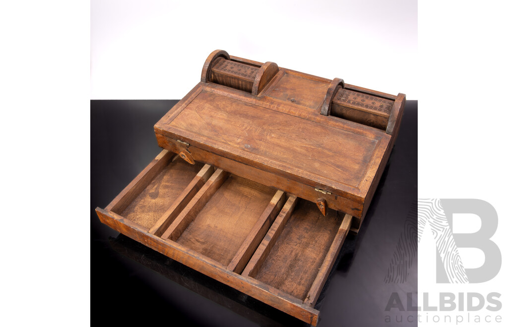 Vintage Subcontinental Wooden Desk Writing Standish with Dual Roll Top Action