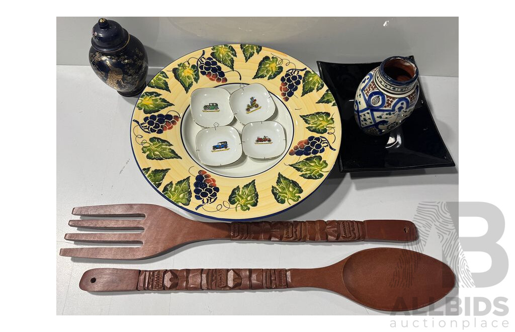 Collection Decorative Items Comprising Large Italian Ceramic Platter, Chinese Lidded Ginger Jar, Japanese Ceramic Ikebana Vessel, Pair Oversize Fijian Wooden Salad Servers, Set Four Richard Ginoil Plates
