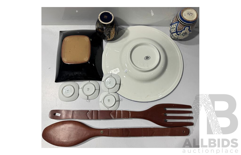 Collection Decorative Items Comprising Large Italian Ceramic Platter, Chinese Lidded Ginger Jar, Japanese Ceramic Ikebana Vessel, Pair Oversize Fijian Wooden Salad Servers, Set Four Richard Ginoil Plates
