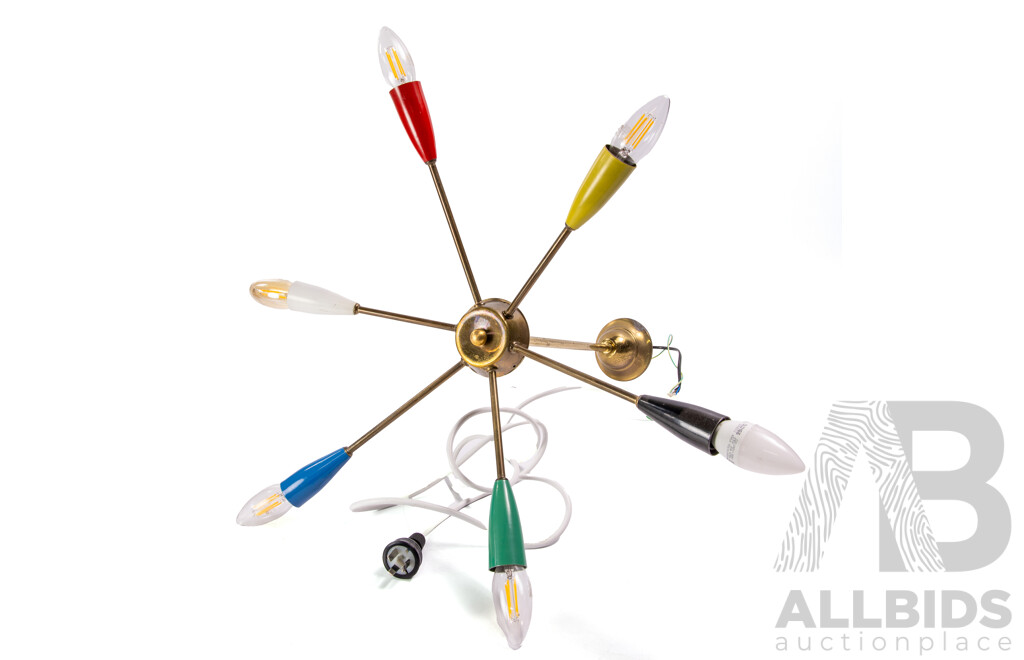 Very Jet Age Mid Century Hanging Light with Six Branches with Multi Coloured Fittings