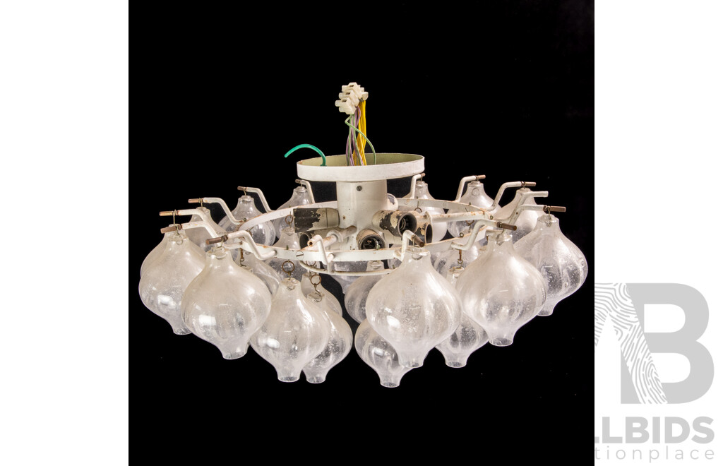 Brutalist Mid Century Steel Ceiling Light with Nine Bulb Sockets, 13 Hanging Glass Baubles, and 14 Other Hanging Glass Baubles