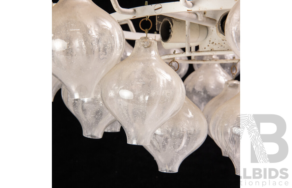 Brutalist Mid Century Steel Ceiling Light with Nine Bulb Sockets, 13 Hanging Glass Baubles, and 14 Other Hanging Glass Baubles
