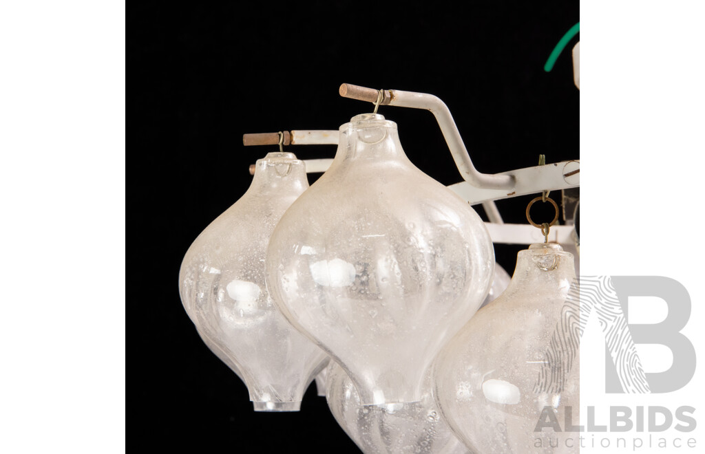 Brutalist Mid Century Steel Ceiling Light with Nine Bulb Sockets, 13 Hanging Glass Baubles, and 14 Other Hanging Glass Baubles