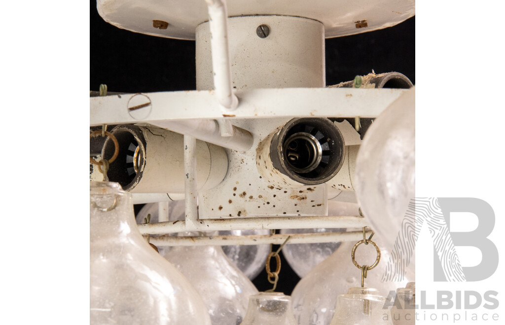 Brutalist Mid Century Steel Ceiling Light with Nine Bulb Sockets, 13 Hanging Glass Baubles, and 14 Other Hanging Glass Baubles