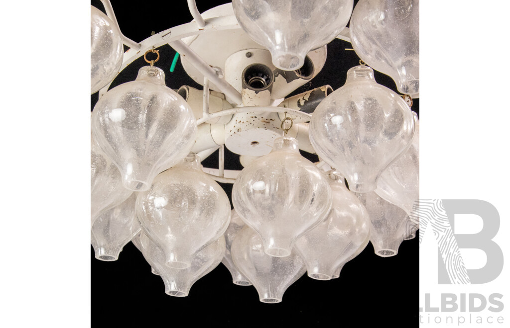 Brutalist Mid Century Steel Ceiling Light with Nine Bulb Sockets, 13 Hanging Glass Baubles, and 14 Other Hanging Glass Baubles