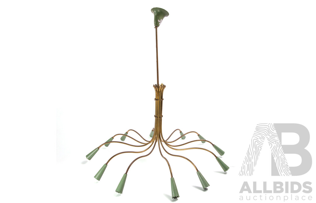 Funky Mid Century Steel Ceiling Chandelier Light with 12 Branches and Green Sockets